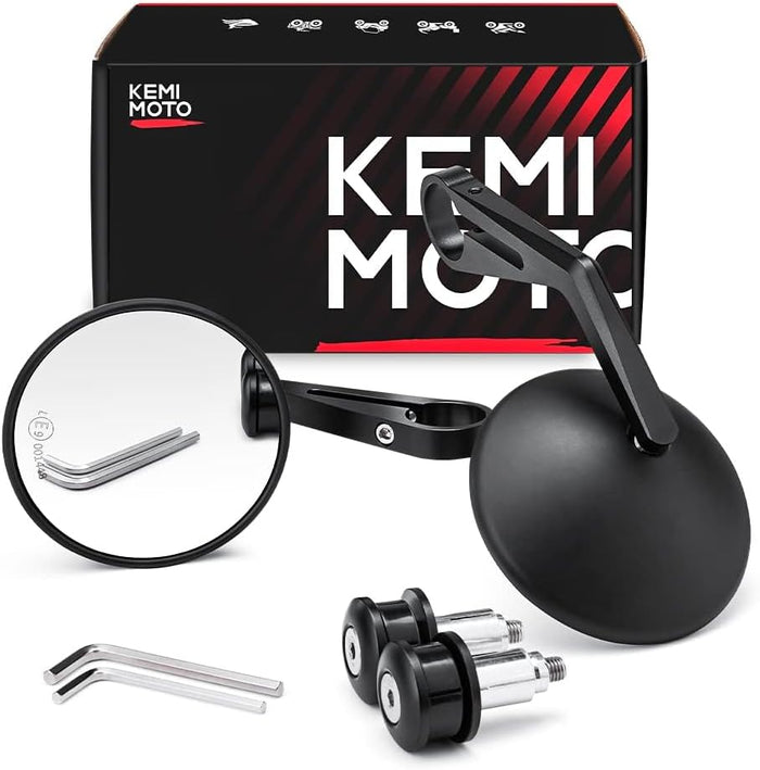KEMIMOTO バーエンドミラー 丸型 98mm CNC 加工 6061 アルミ 凸面鏡 左右セット 汎用 13-19mm 360° 調整 車検対応 ブラック