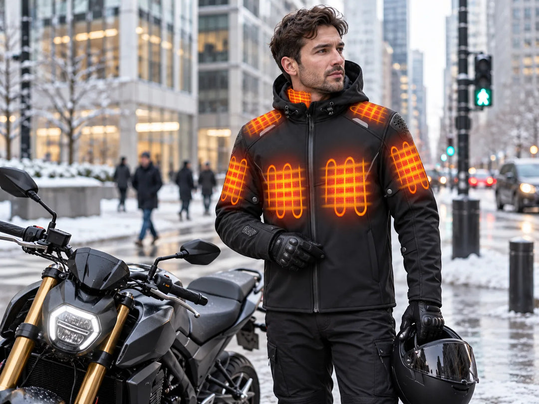 冬、バイクの横で、ヒーター付きジャケットを着たバイク乗り