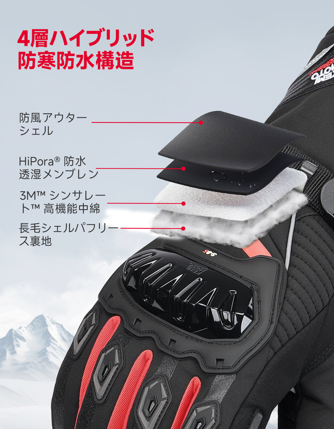 3Mシンサレート・防水防寒・CE保護付き冬用バイクグローブ