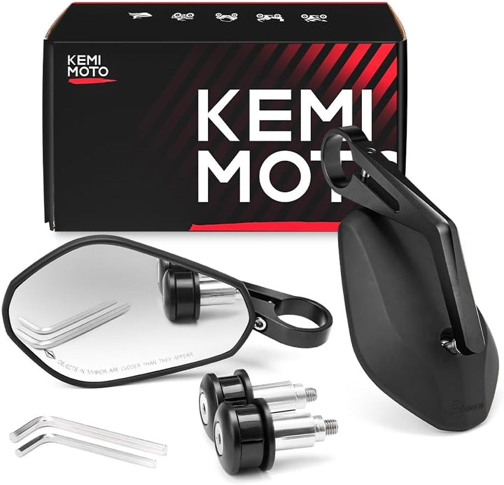 KEMIMOTO バイク バーエンドミラー CNC 加工 6061 アルミ 凸面鏡 左右セット 汎用 13-19mm 対応 360° 調整 車検対応 ブラック