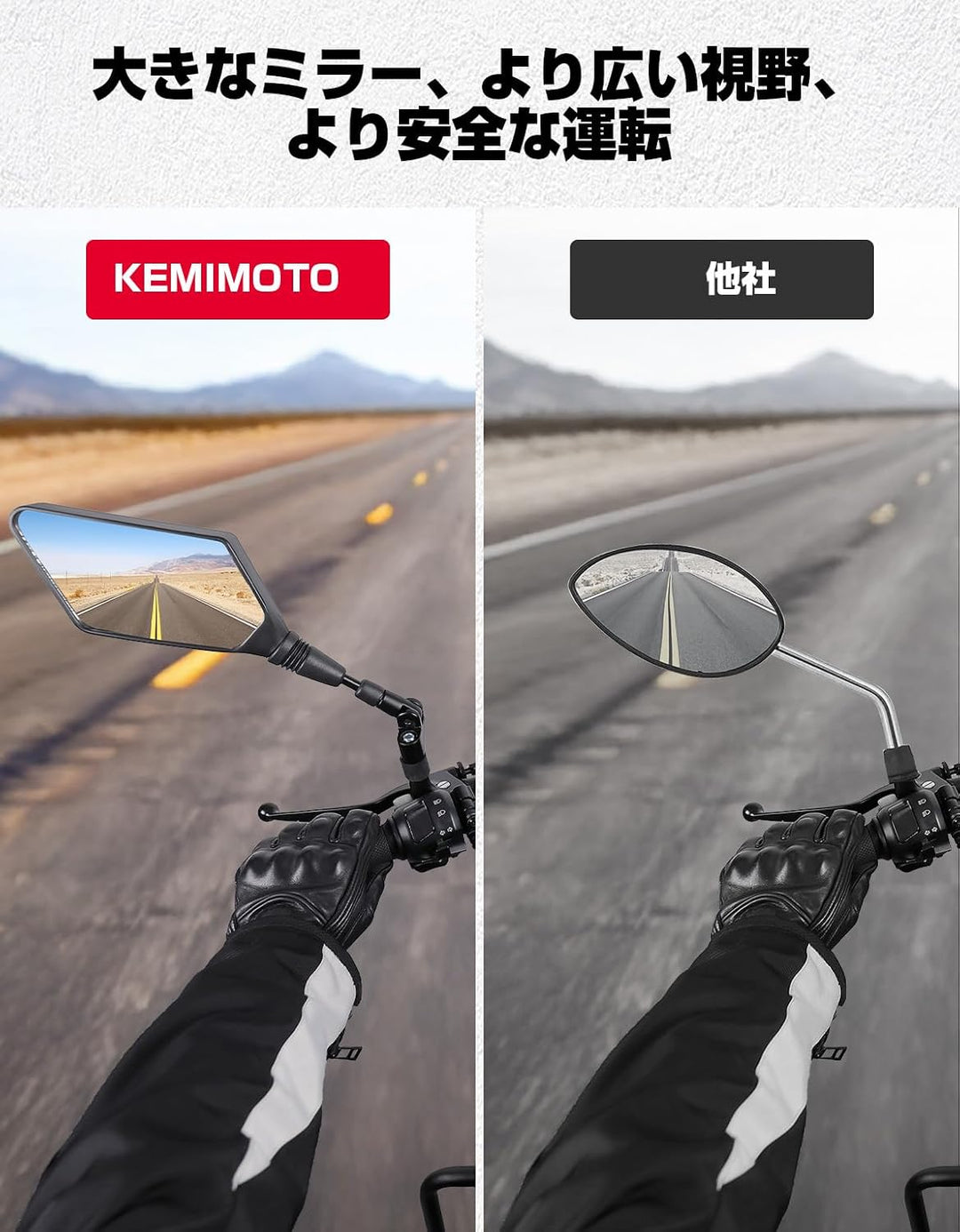 10mm汎用・大きめ角型・折りたたみ式の車検対応バイクミラー