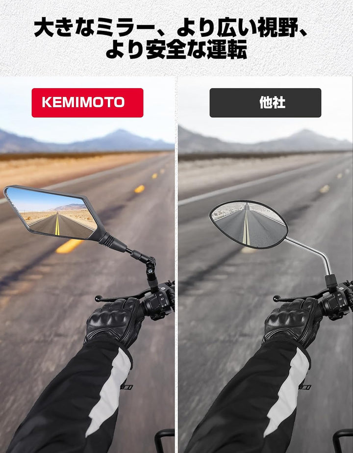 10mm汎用・大きめ角型・折りたたみ式の車検対応バイクミラー
