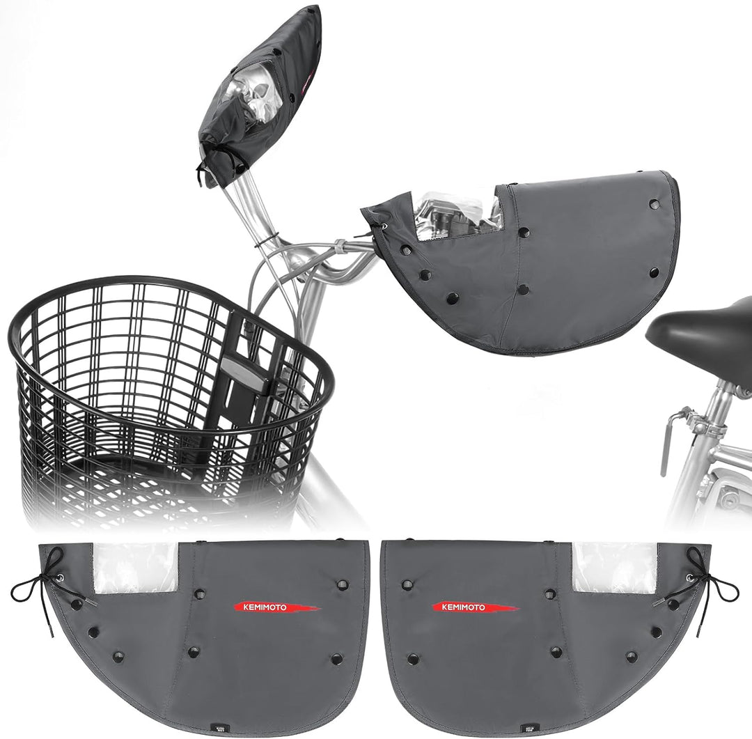 KEMIMOTO 自転車ハンドルカバー 日除け日焼け防止 防水撥水防寒 内部ボア取り外し可 オールシーズン 電動自転車・ママチャリ対応 グレー
