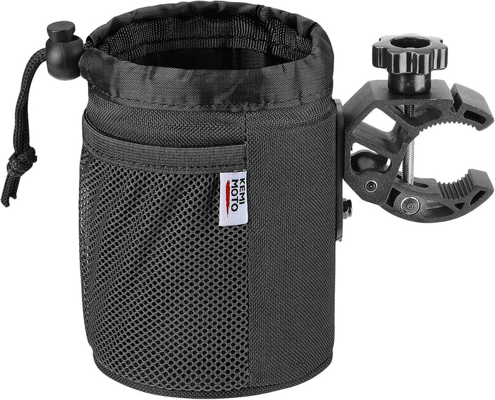 KEMIMOTO バイク ドリンクホルダー クランプ式 メッシュポケット付き 自由角度調整可能 自転車 オートバイ ベビーカー 車椅子 ATV ゴルフカート対応