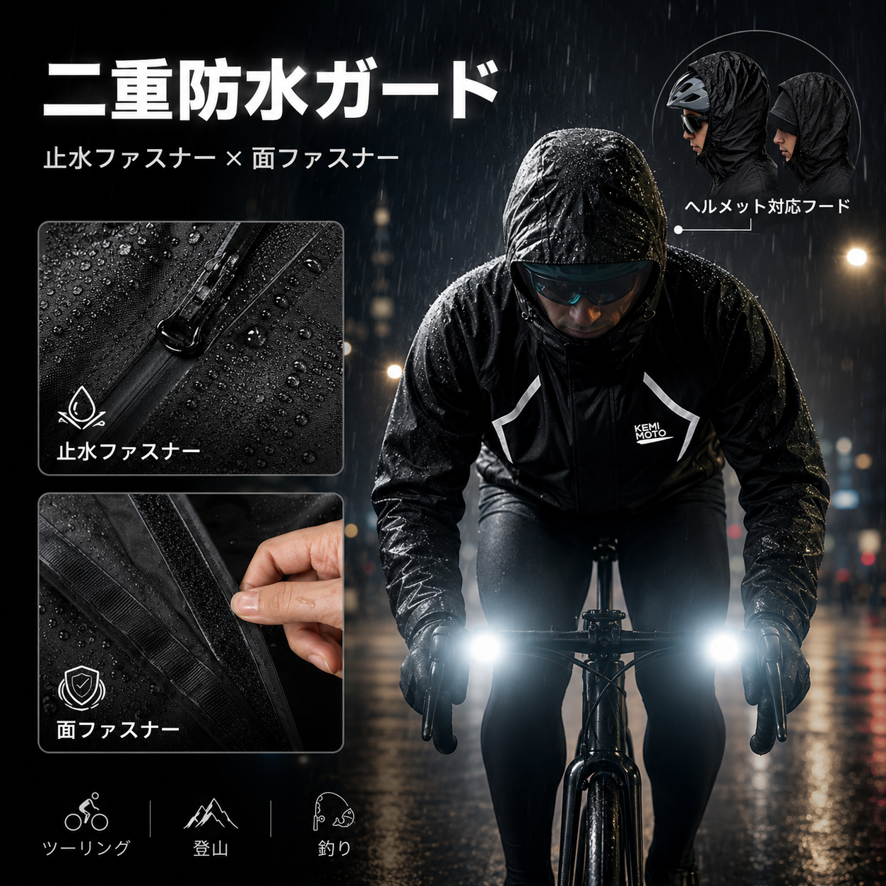 ヘルメット対応・二重防水構造