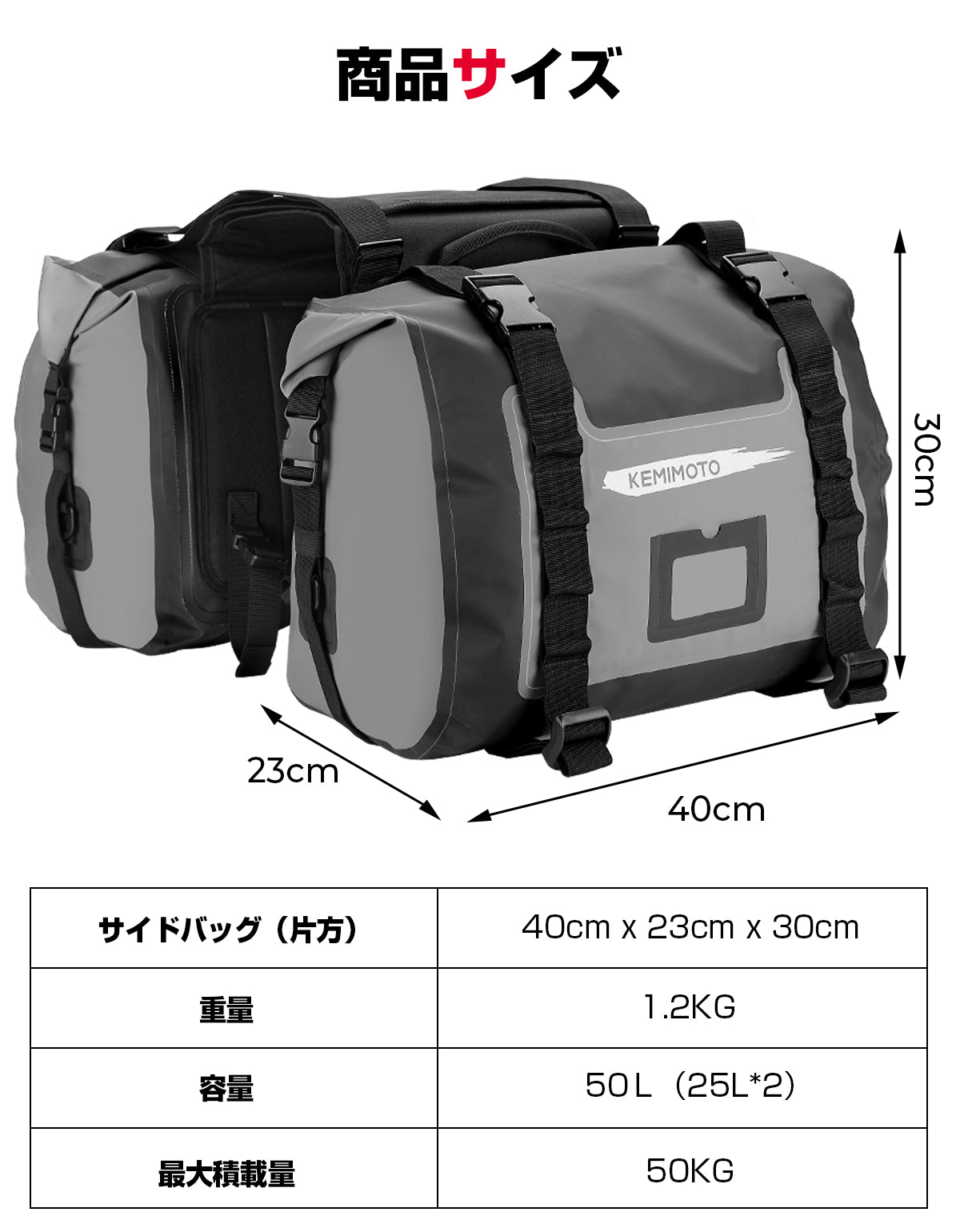 完全防水バイク サイドバッグ大容量50L ツーリングバッグ 2PC 取付簡単