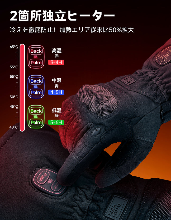 2ゾーン加熱・防水防寒・CE保護・タッチ対応バイク用電熱グローブ