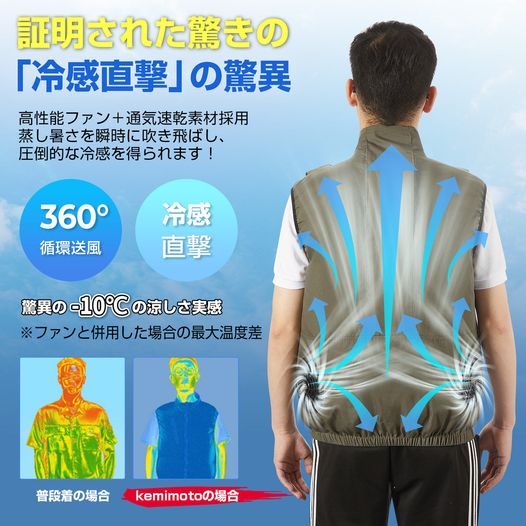 ファン付き空冷作業着 冷感ベスト UVカット省エネ 速乾 通気性