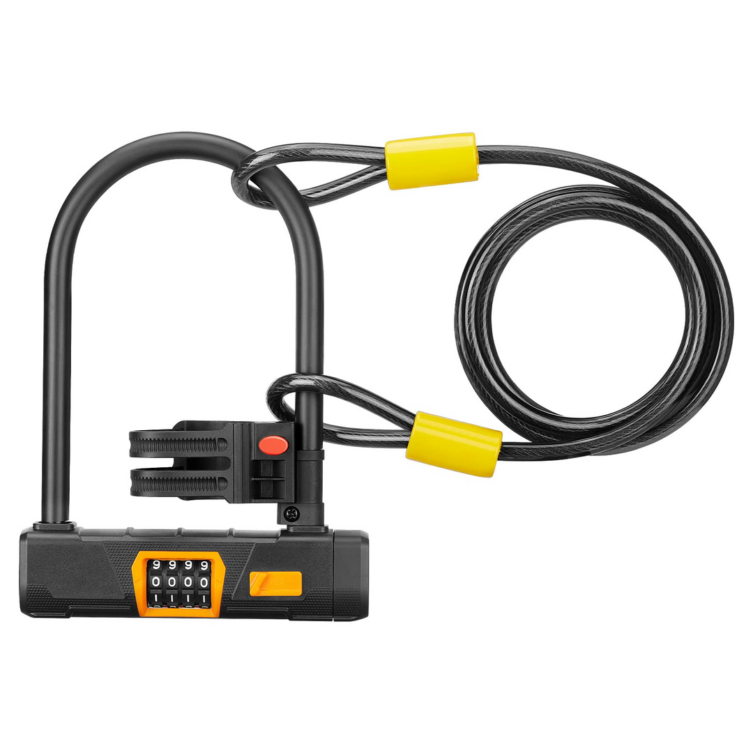 自転車U字1.8M ケーブル付きロック盗難防止[ブラック]